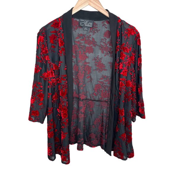 Alex Evenings Womens Red Black Floral Velvet Burnout Whimsygoth Cardigan kimono - Picture 1 of 9